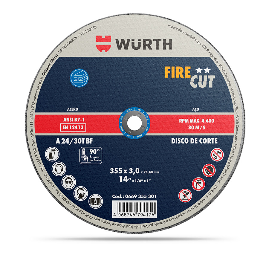 Disco corte metal FIRE CUT 4 1/2"x2,5mm - WURTH