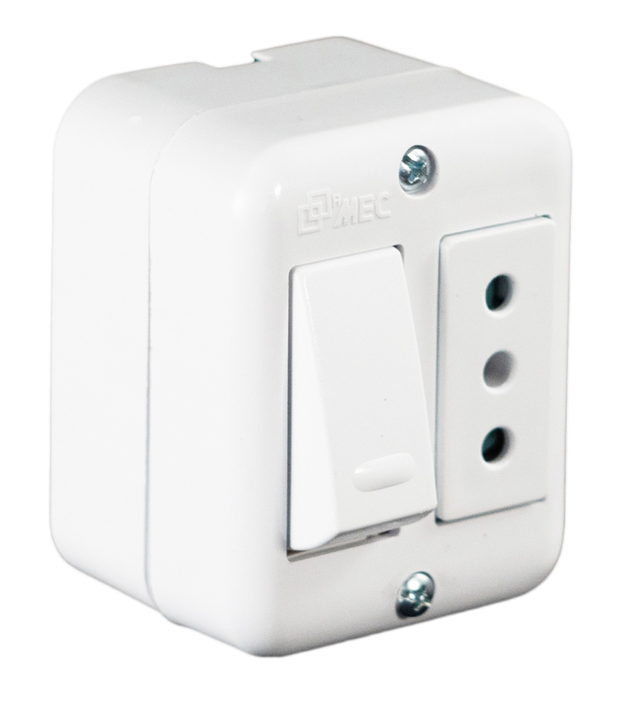 Interruptor sobrepuesto 9/12 16A + tomacorriente blanco 10A - MEC