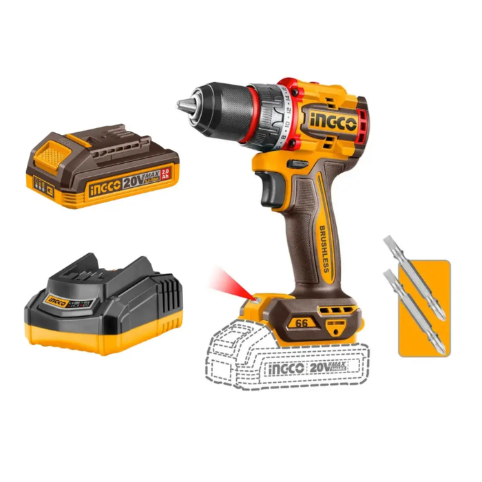Taladro percutor + 2BAT 2AH Y CARGADOR 47 ACCE. 20V/13mm - INGCO