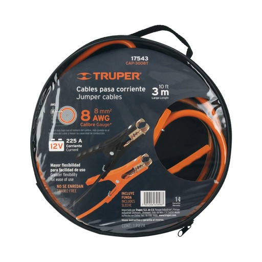 cable puente bateria 225a 12v 3m Calibre 8awg TRUPER